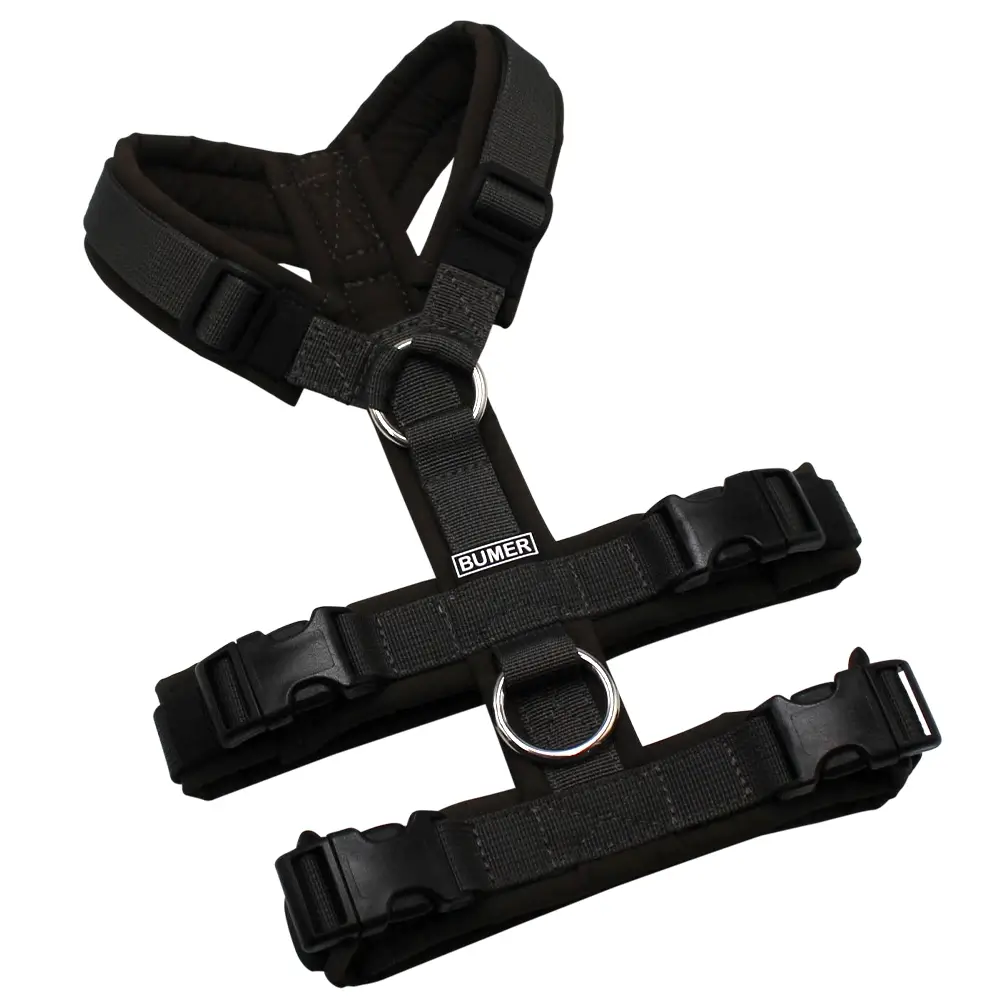 BUMER Sicherheitsgeschirr, gepolstert ohne geteiltem Bruststeg, Größe XS, Gurtband: PREMIUM Camouflage Green, Softshell: Ebenholzbraun, Ringe: silberfarbig (Edelstahl), Schnallen: schwarz (DURAFLEX®)