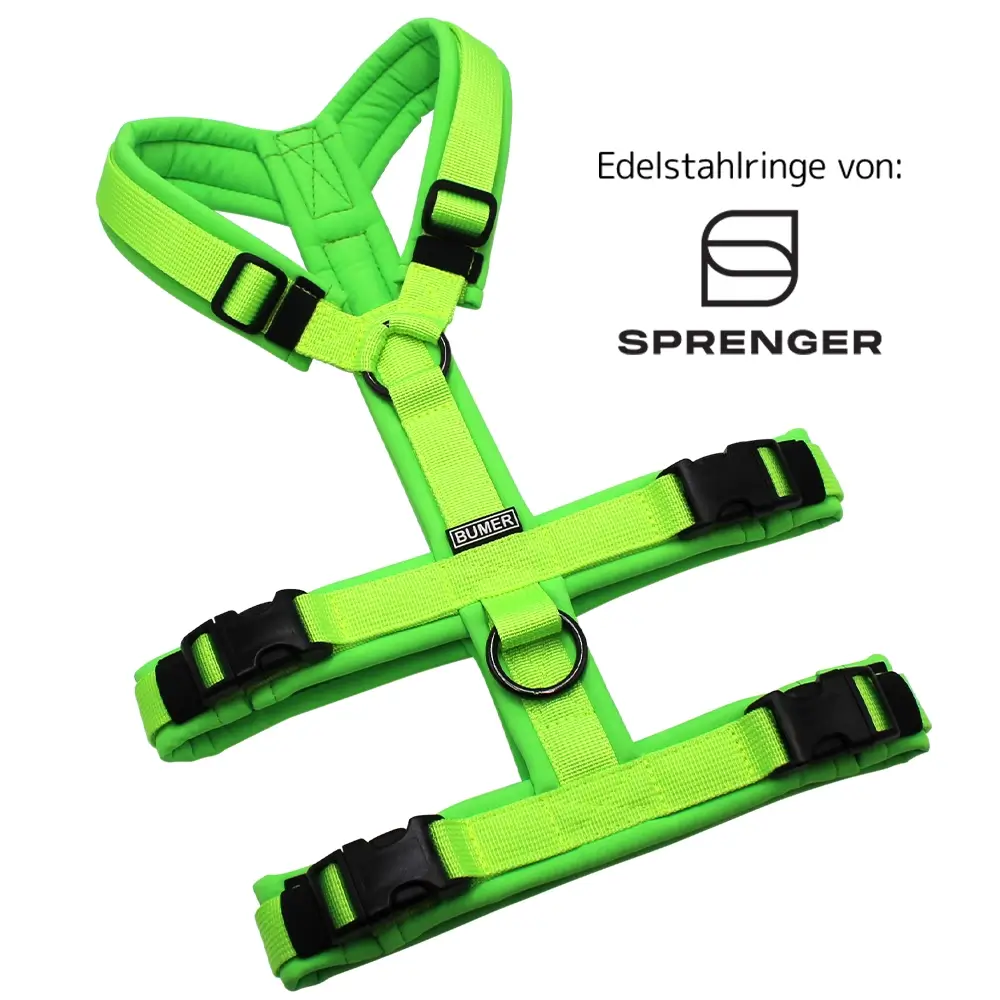 BUMER Sicherheitsgeschirr, gepolstert ohne geteilten Bruststeg, Größe S, Gurtband: PREMIUM Neonlime, Softshell: Neongrün, Ringe: schwarz (Edelstahl), Schnallen: schwarz (DURAFLEX®)