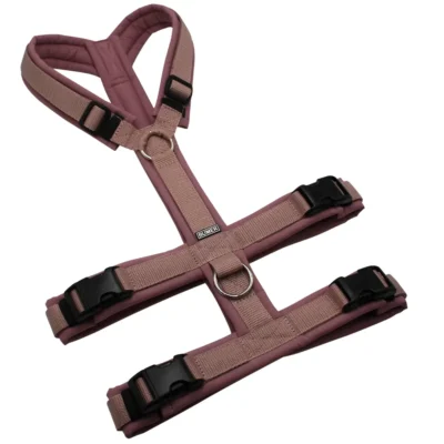BUMER Sicherheitsgeschirr, gepolstert ohne geteilten Bruststeg, Größe L, Gurtband: Schmutziges Rosa, Softshell: Smoky Violet, Ringe: silberfarbig (Edelstahl), Schnallen: schwarz