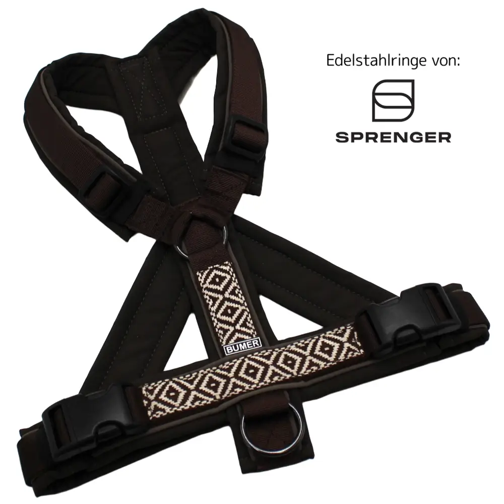 BUMER BOHO Hundegeschirr, Größe M, Gurtband PREMIUM Cocao Bean, Softshell: Ebenholzbraun, Ringe schwarz (Edelstahl), Schnallen schwarz (DURAFLEX®)