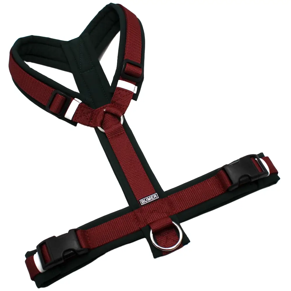BUMER Hundegeschirr, Größe L, Gurtband: PREMIUM X Bordeaux, Softshell: Waldnachtgrün, Ringe: silberfarbig (Edelstahl), Schnallen: schwarz (DURAFLEX®)