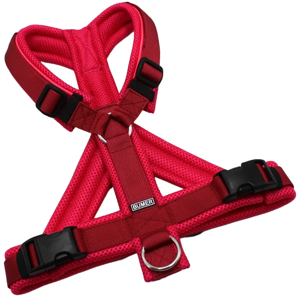 BUMER Hundegeschirr, Größe M, Gurtband PREMIUM Berry Bordeaux, MESH: Pink, Ringe silberfarbig (Edelstahl), Schnallen schwarz (DURAFLEX®)