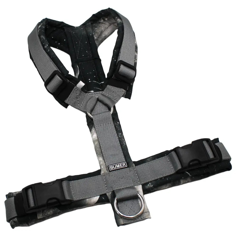 BUMER Hundegeschirr, Größe M, Gurtband PREMIUM Pearly Horizon, Oxford: Interstellar, Ringe silberfarbig (Edelstahl), Schnallen schwarz (DURAFLEX®)