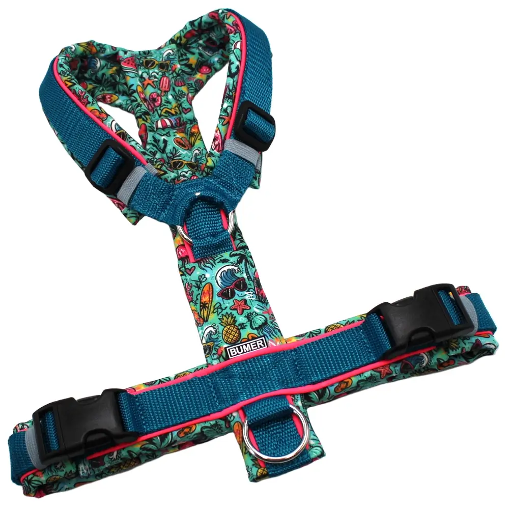 BUMER Hundegeschirr, Größe M, Gurtband PREMIUM X Petrol, Softshell: Tropical Splash, Ringe silberfarbig (Edelstahl), Schnallen schwarz (DURAFLEX®)