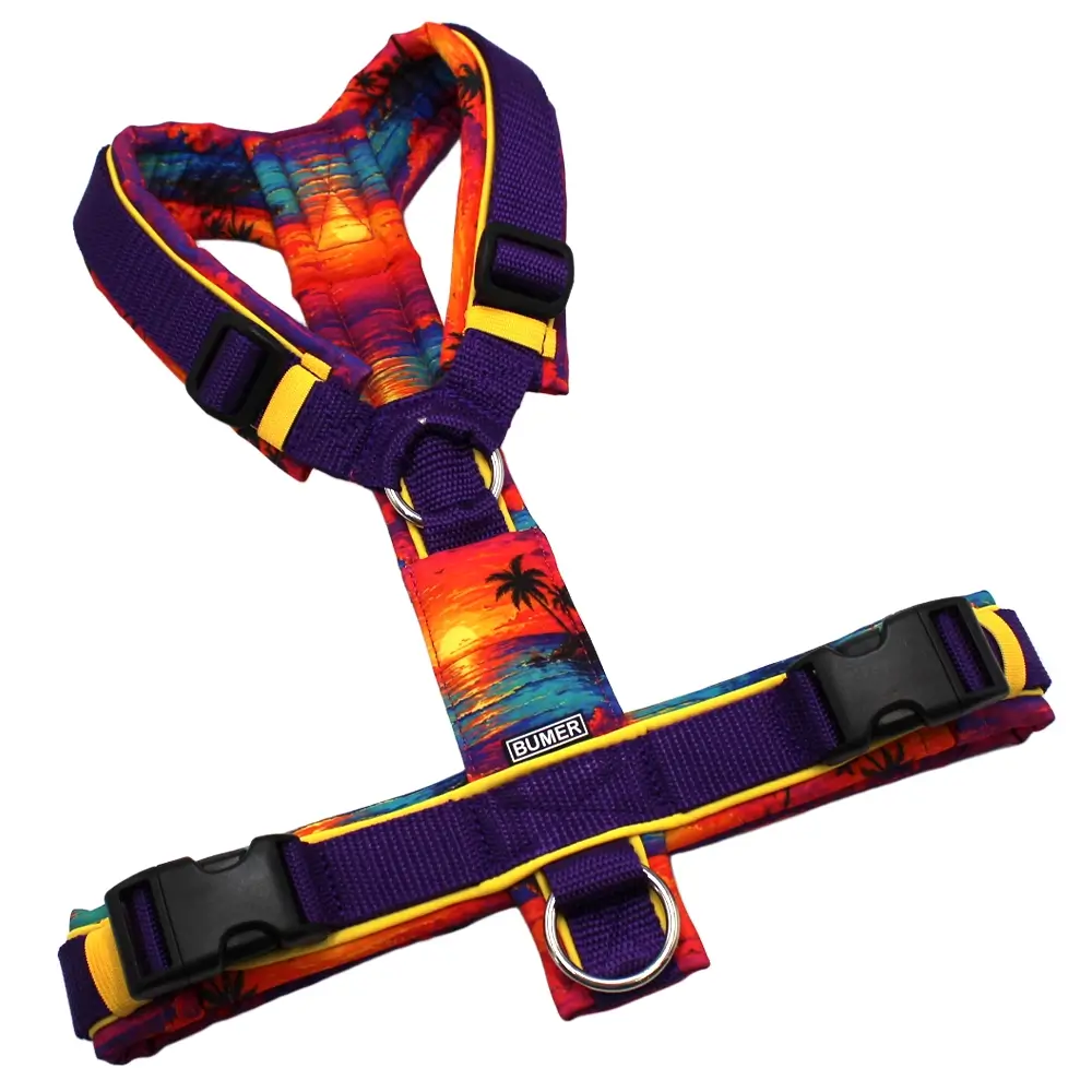 BUMER Hundegeschirr, Größe M, Gurtband PREMIUM X Twilight Plum, Softshell: Sunset `94, Ringe silberfarbig (Edelstahl), Schnallen schwarz (DURAFLEX®)