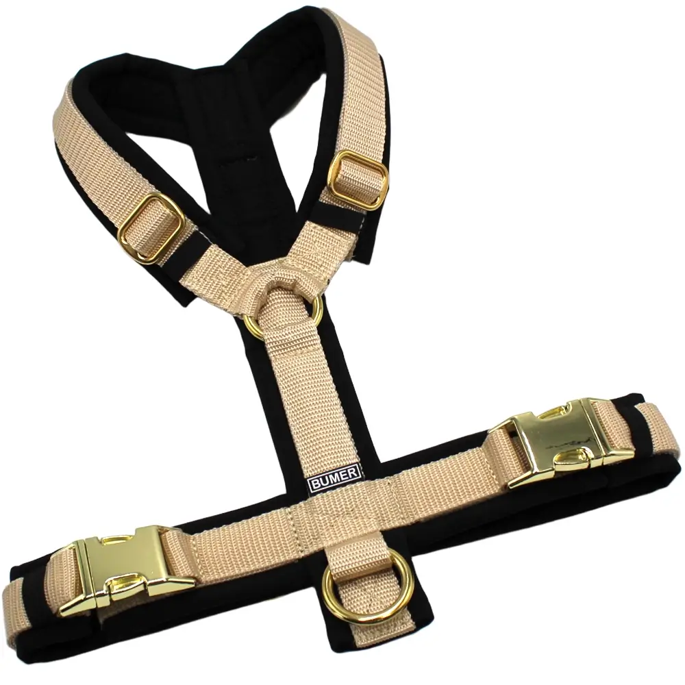 BUMER Hundegeschirr, Größe: M, Gurtband: Standard PLUS Creme, Softshell: Schwarz, Ringe/Schnallen/Schieber: goldfarbig