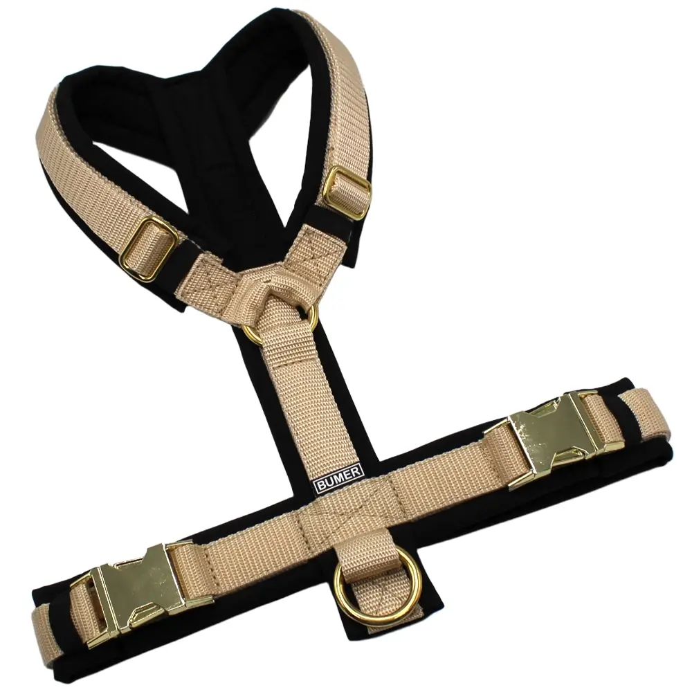 BUMER Hundegeschirr, Größe M, Gurtband: Standard PLUS Creme, Softshell: Schwarz, Ringe: goldfarbig, Schnallen/Schieber: goldfarbig (Metall)