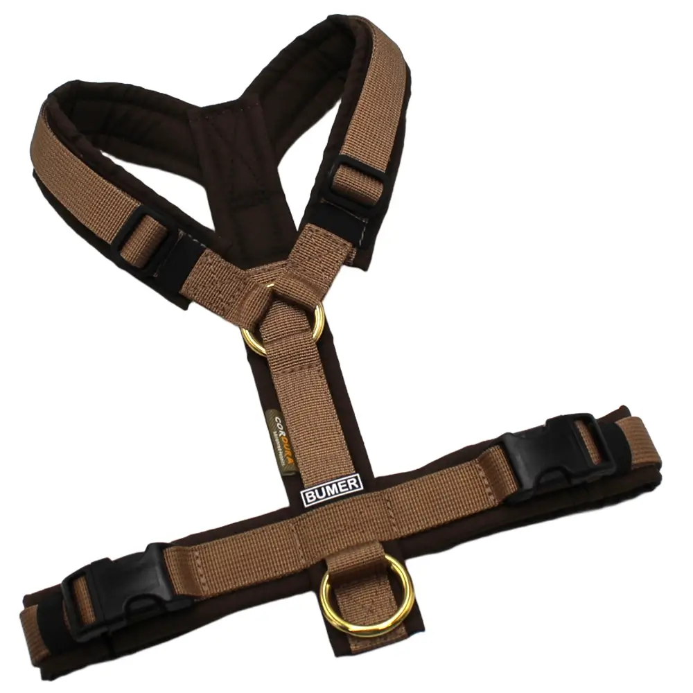 BUMER Hundegeschirr, Größe S, Gurtband: PREMIUM Caramel Rust, CORDURA®: Humus, Ringe: goldfarbig, Schnallen: schwarz (DURAFLEX®)