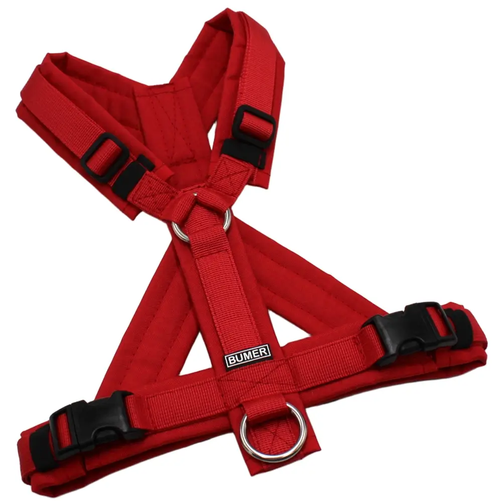 BUMER Hundegeschirr, Größe S, Gurtband PREMIUM Flammenrot, CORDURA® Rot, Ringe silberfarbig (Edelstahl), Schnallen schwarz (DURAFLEX®)