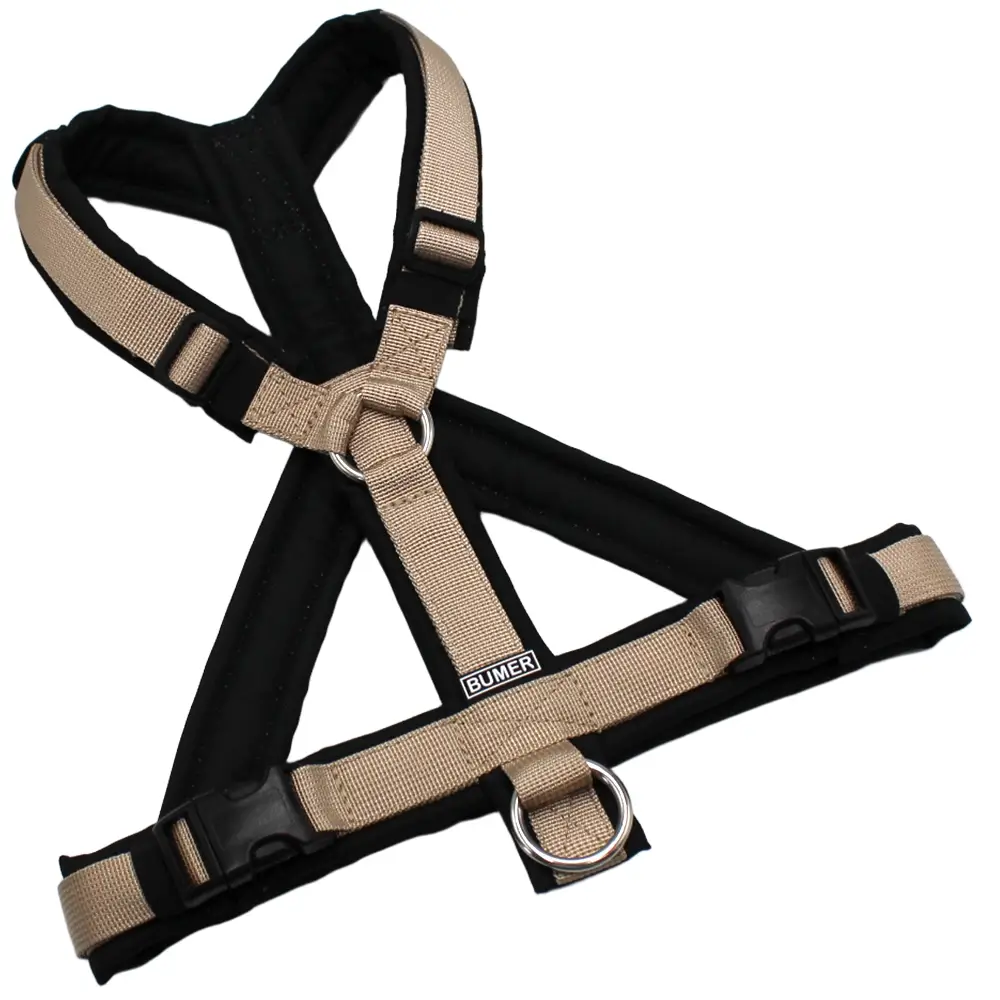 BUMER Hundegeschirr, Größe S/M, Gurtband: PREMIUM Soft Beige, Oxford: Tannengrau, Ringe: silberfarbig (Edelstahl), Schnallen: schwarz (DURAFLEX®)