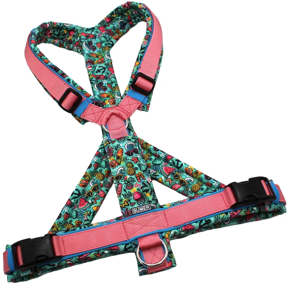 BUMER Hundegeschirr, Größe XL, Gurtband PREMIUM Perlmutt Rosa, Softshell: Tropical Splash, Ringe silberfarbig (Edelstahl), Schnallen schwarz (DURAFLEX®)