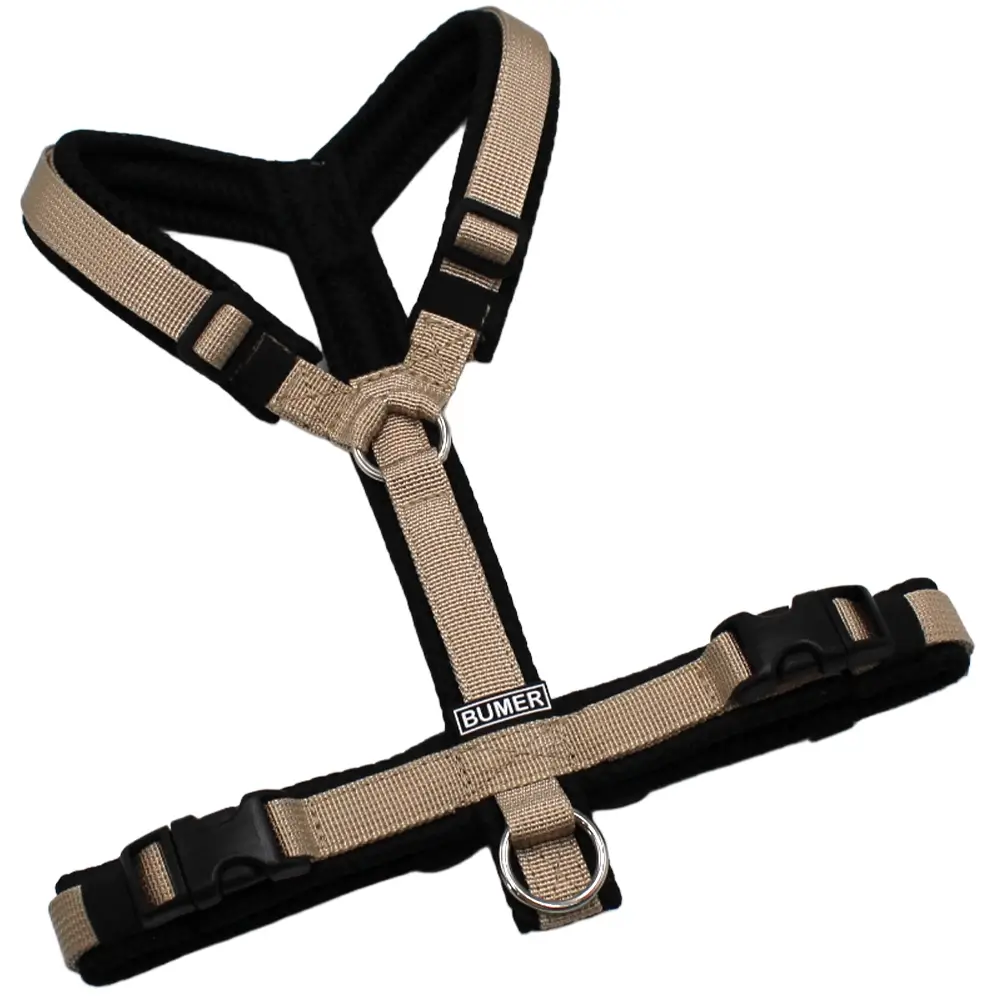 BUMER Hundegeschirr, Größe XS/S, Gurtband: PREMIUM Soft Beige (15mm), MESH: schwarz, Ringe: silberfarbig (Edelstahl), Schnallen: schwarz (DURAFLEX®)