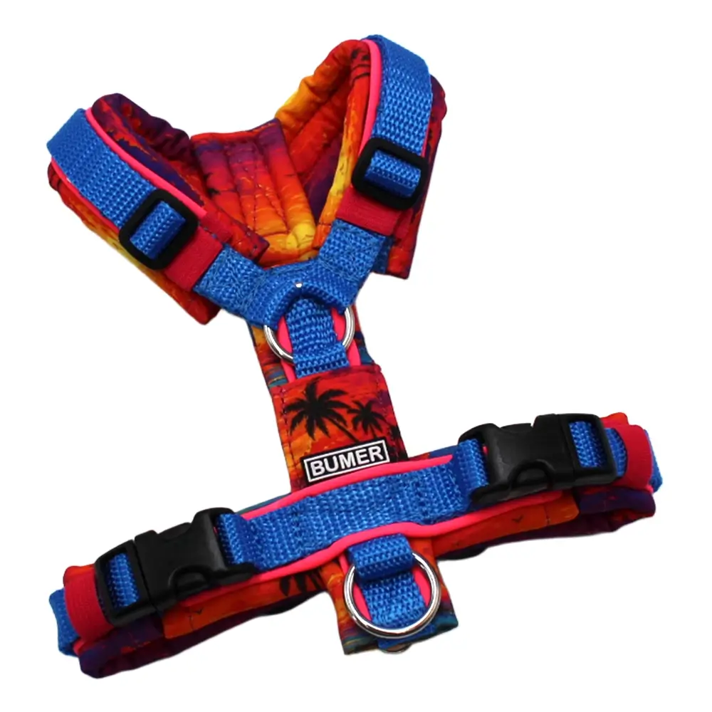 BUMER Hundegeschirr, Größe XXS, Gurtband PREMIUM X Blue, Softshell: Sunset `94, Ringe silberfarbig (Edelstahl), Schnallen schwarz (DURAFLEX®)