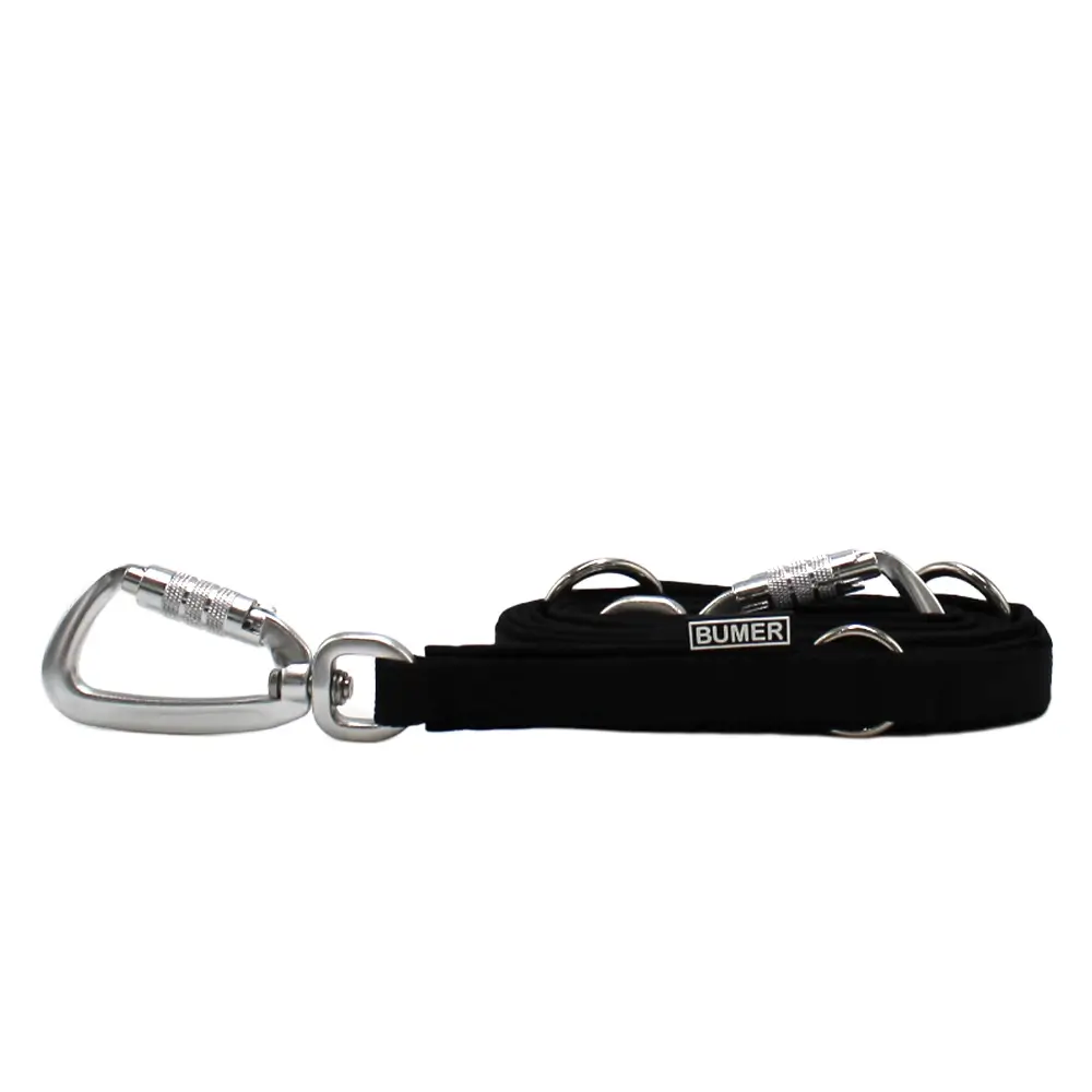 BUMER Hundeleine, 180cm (3fach verstellbar), Gurtband: PREMIUM Pitch Black (15mm), Softshell: Schwarz, Ringe: silberfarbig (Edelstahl), Karabiner: Aluminium