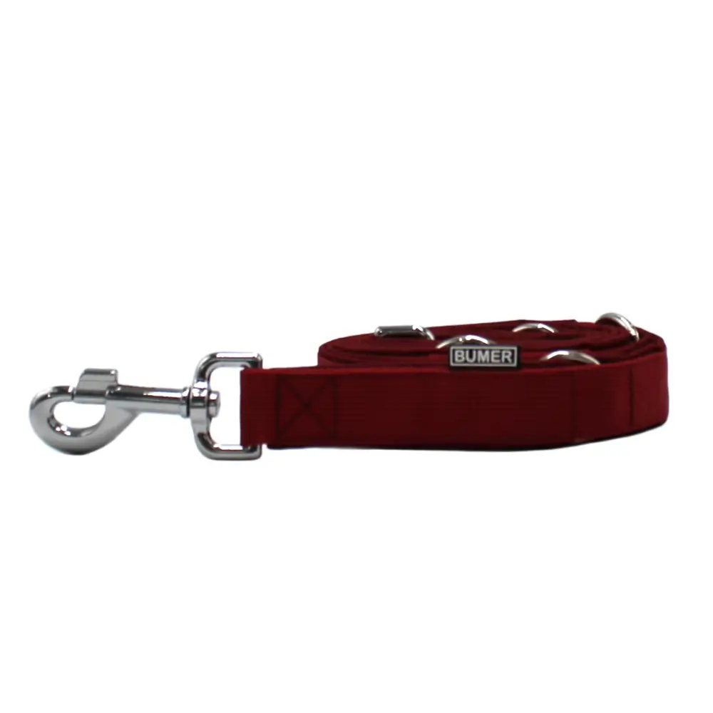 BUMER Hundeleine, 200cm (3fach verstellbar), Gurtband: PREMIUM Berry Bordeaux, Softshell: Bordeaux, Ringe: silberfarbig (Edelstahl)